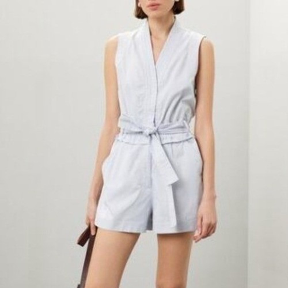 Derek Lam White Denim Romper US 6 IT42 Tie Waist Sleeveless Shorts Outfit